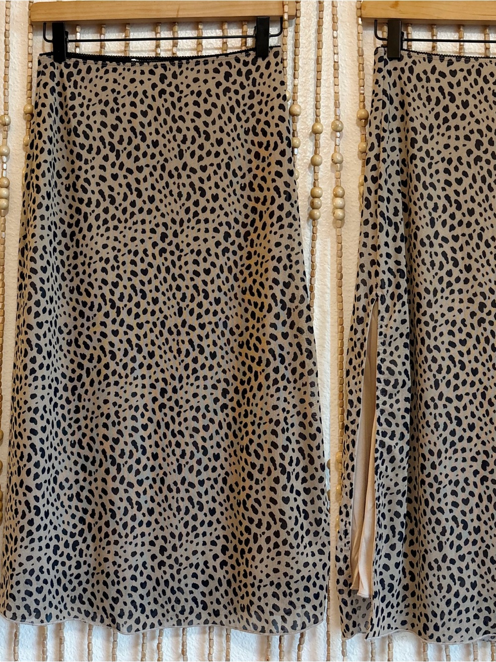 Kirious Tan Black Polka Dot Spotted Maxi Side Slit Mesh Contemporary Skirt Sm